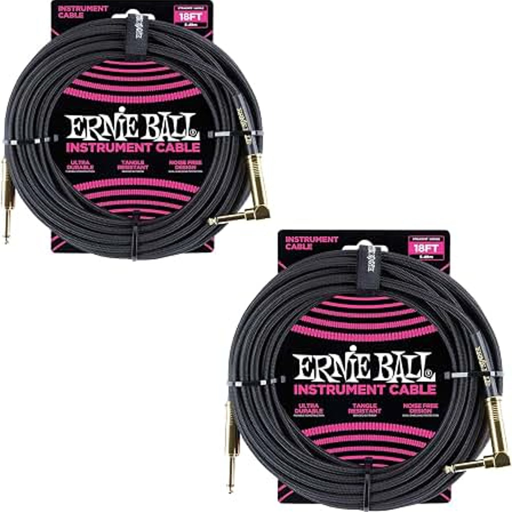 Ernie Ball 18ft Black Braided Straight Angle Instrument Cable P06086