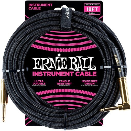 Ernie Ball 18ft Black Braided Straight Angle Instrument Cable P06086