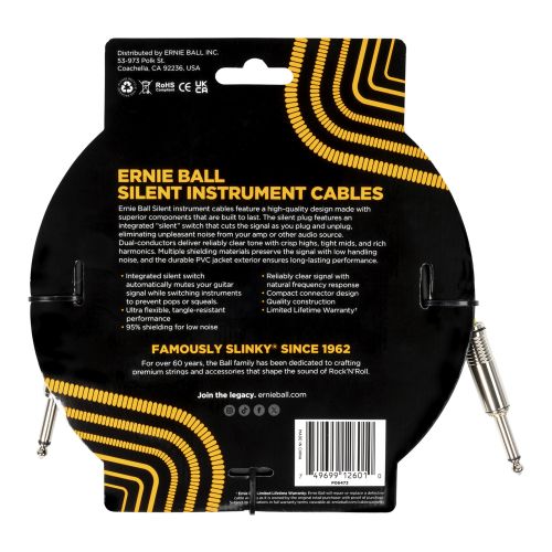 Ernie Ball 20ft Black Instrument Cable Straight/Straight P06046