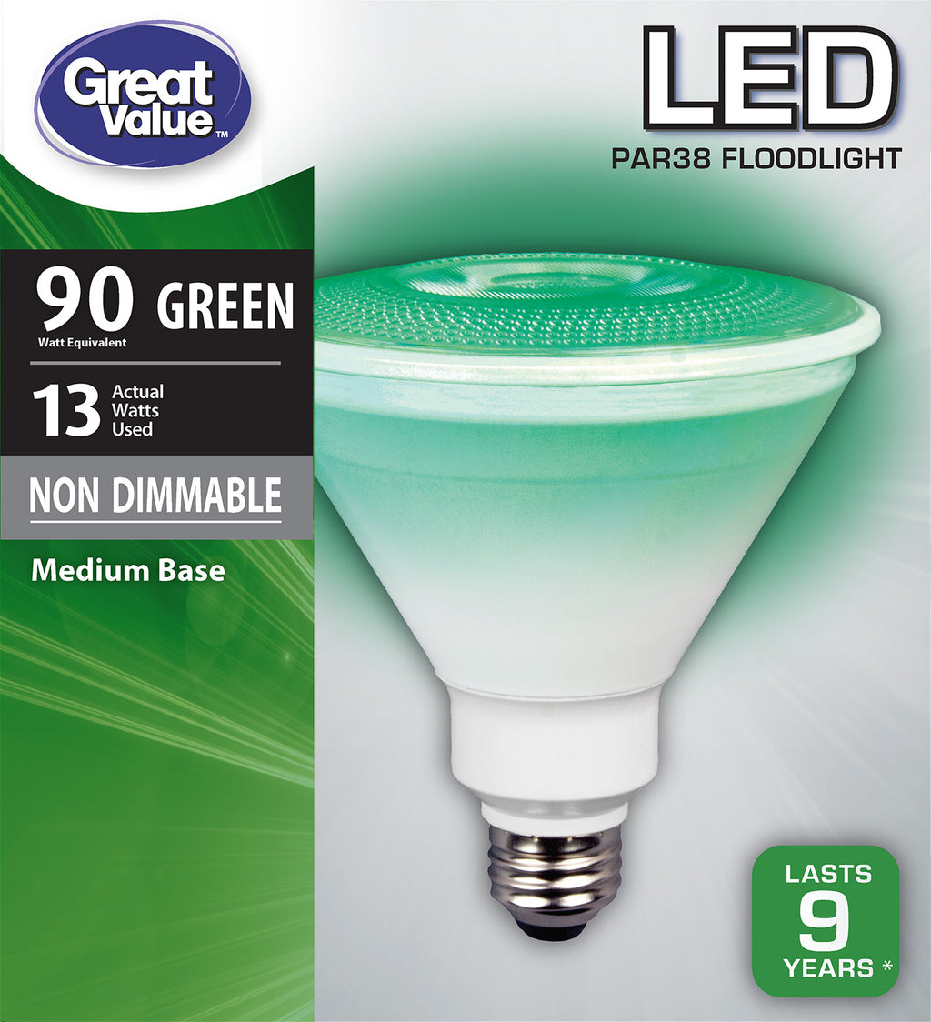 Great Value 10W LED Floodlight Bulb, Green, Non-Dimmable - for PAR Can Lights