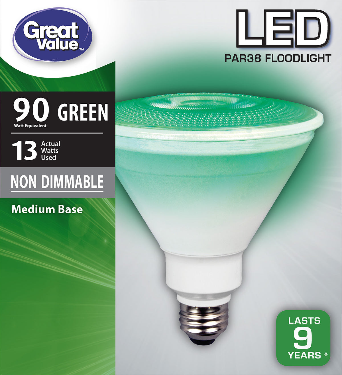 Great Value 10W LED Floodlight Bulb, Green, Non-Dimmable - for PAR Can Lights