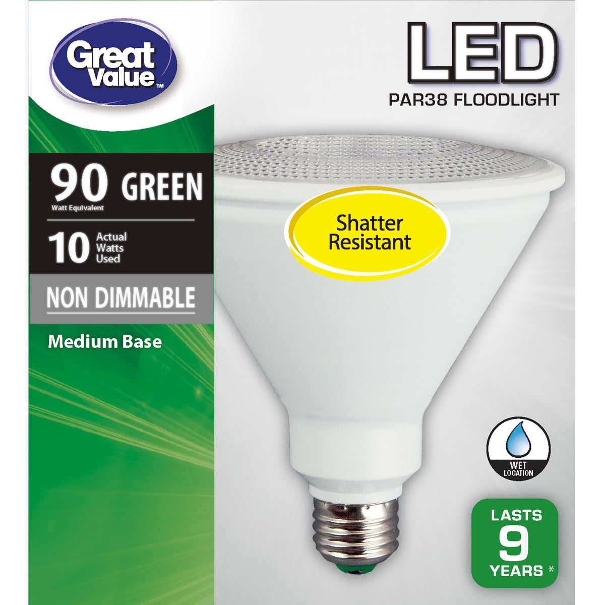 Great Value 10W LED Floodlight Bulb, Green, Non-Dimmable - for PAR Can Lights