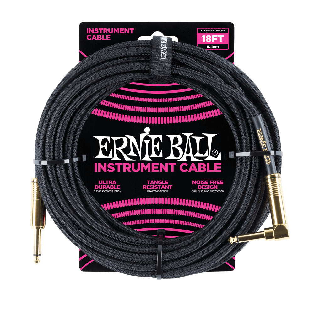 Ernie Ball 18ft Black Braided Straight Angle Instrument Cable P06086