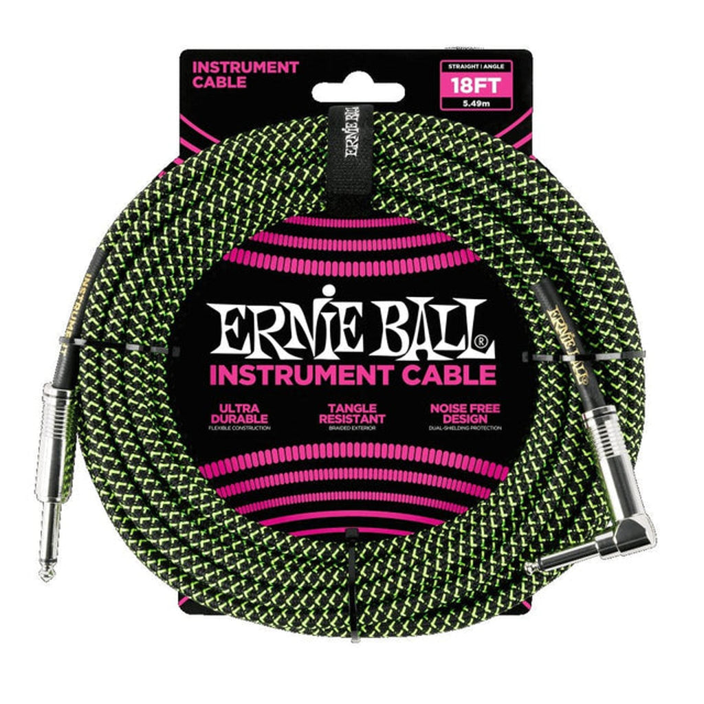 Ernie Ball 18ft Black Braided Straight Angle Instrument Cable P06086