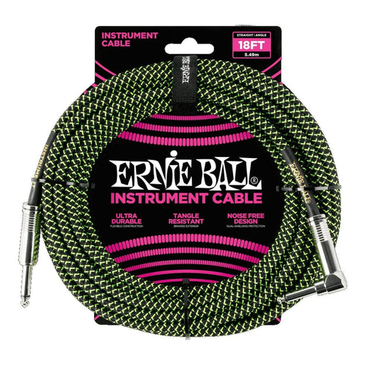 Ernie Ball 18ft Black Braided Straight Angle Instrument Cable P06086