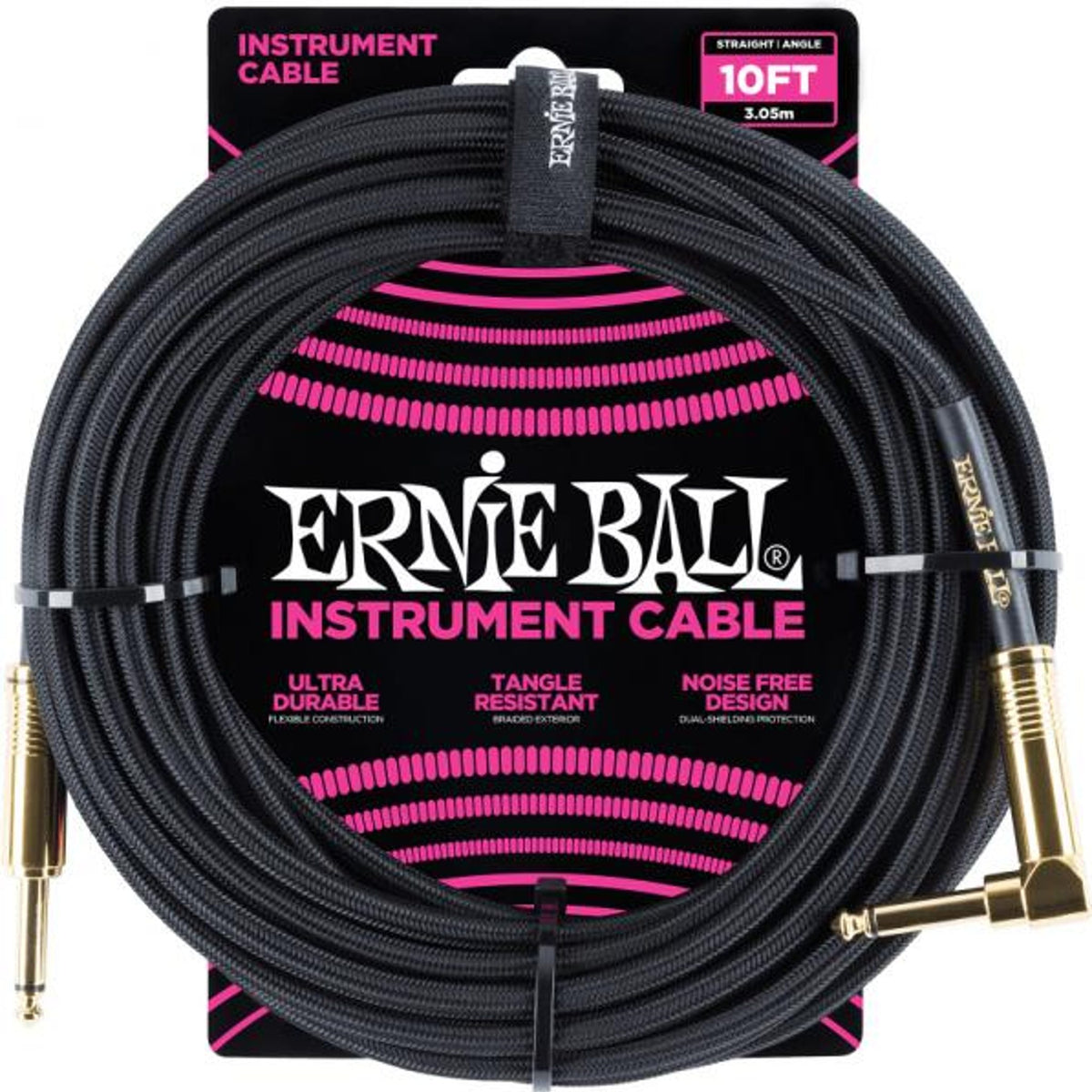 Ernie Ball 18ft Black Braided Straight Angle Instrument Cable P06086