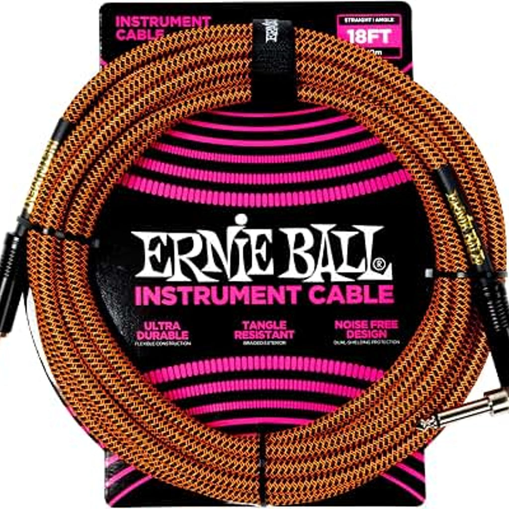 Ernie Ball 18ft Black Braided Straight Angle Instrument Cable P06086